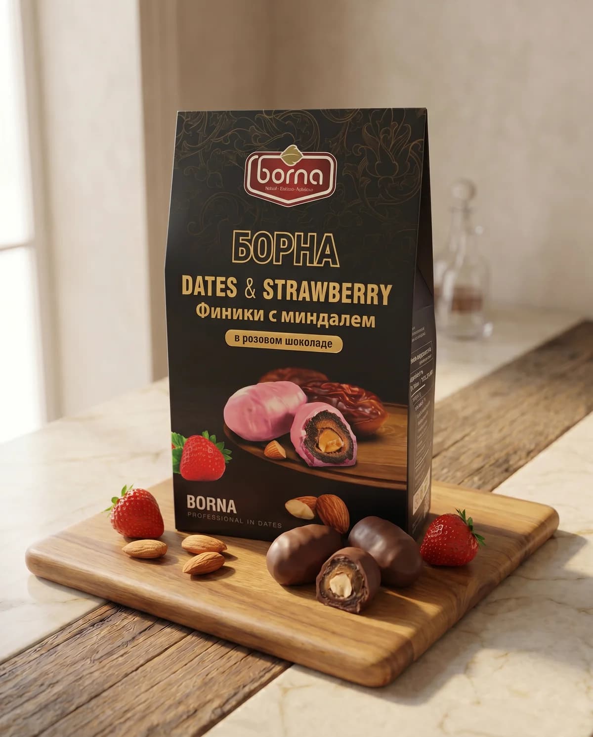 Финики с миндалём в розовом шоколаде BORNA, 150 г